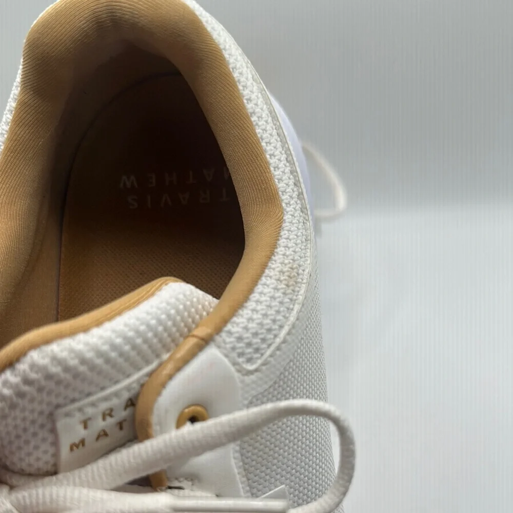 Travis Mathew Sz 11 The Daily Pro White and Tan Sneakers Minimalist‎ Design